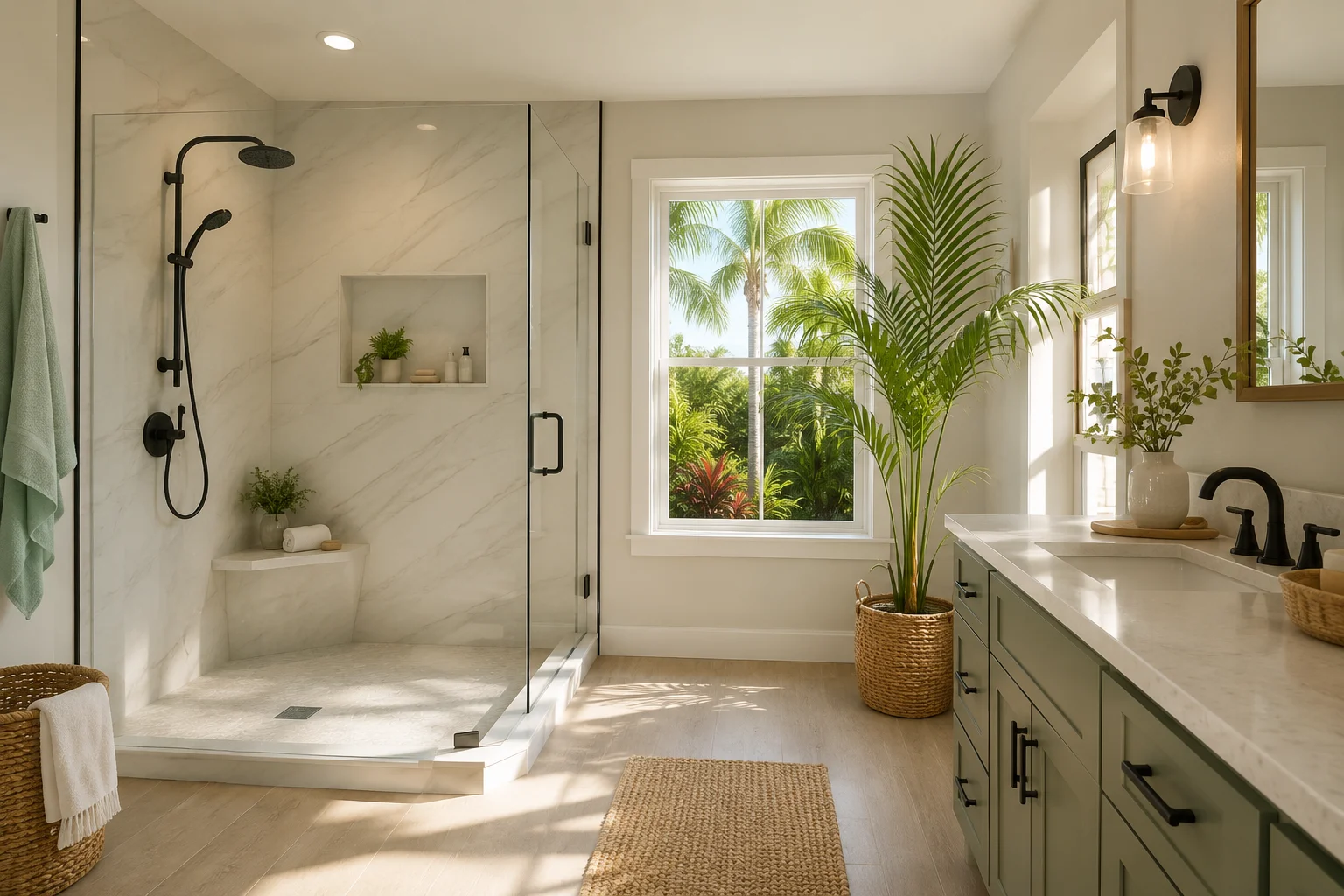Bright Florida bathroom with a modern walk in shower, natural finishes, tropical greenery, and a spacious spa like design.