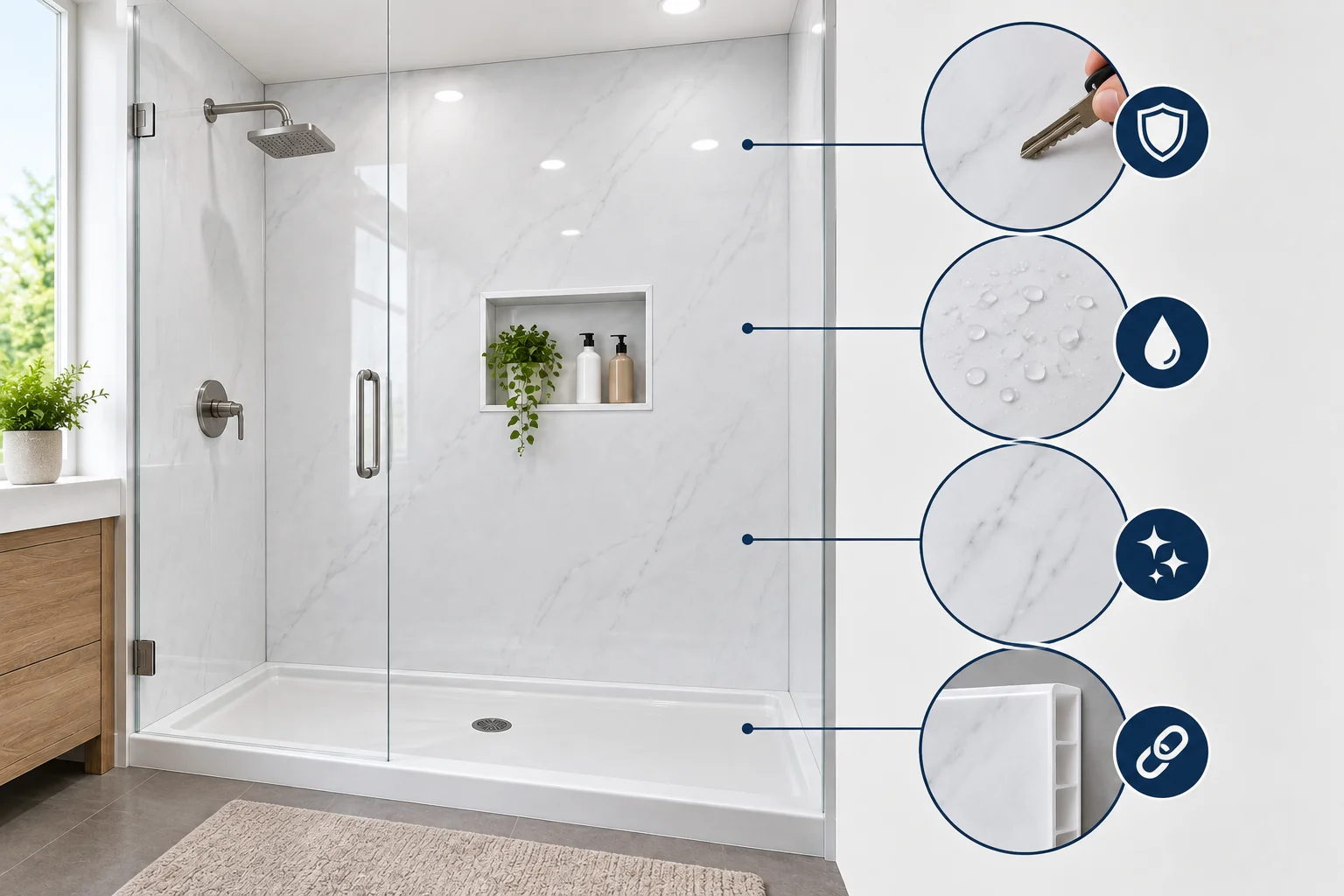 Durable acrylic shower panels in a modern bathroom, highlighting water resistance, scratch resistance, easy maintenance, and reinforced construction.